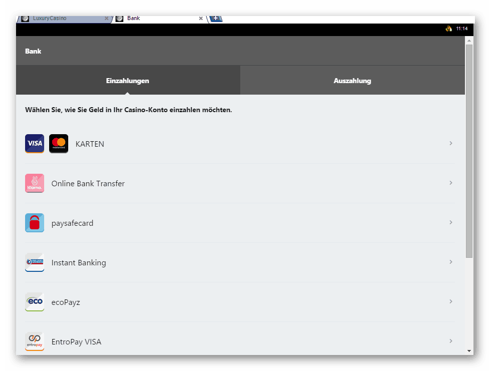 Luxury Casino Ein- und Auszahlungen Screenshot